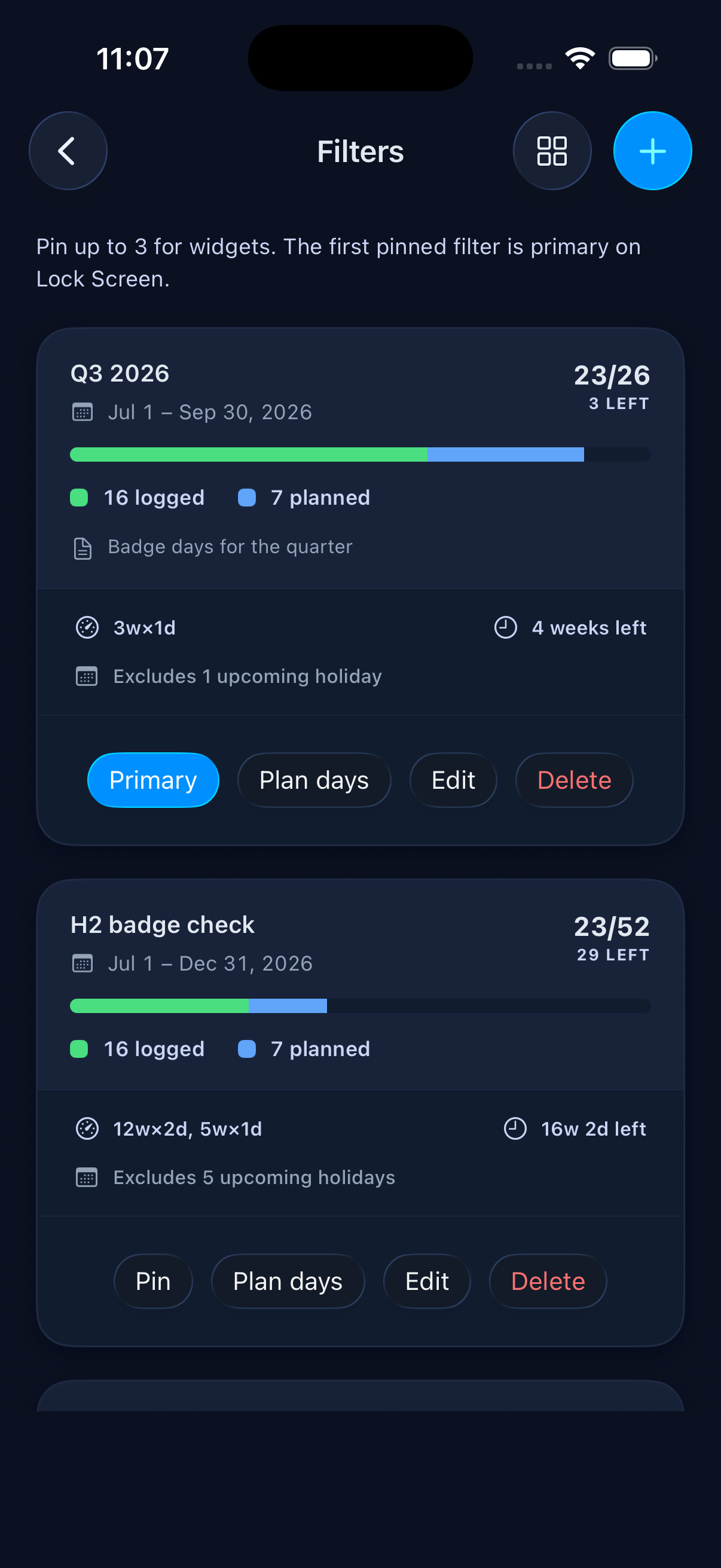 Saved filters screen showing progress against targets, with Primary, Plan days, Edit, and Delete actions