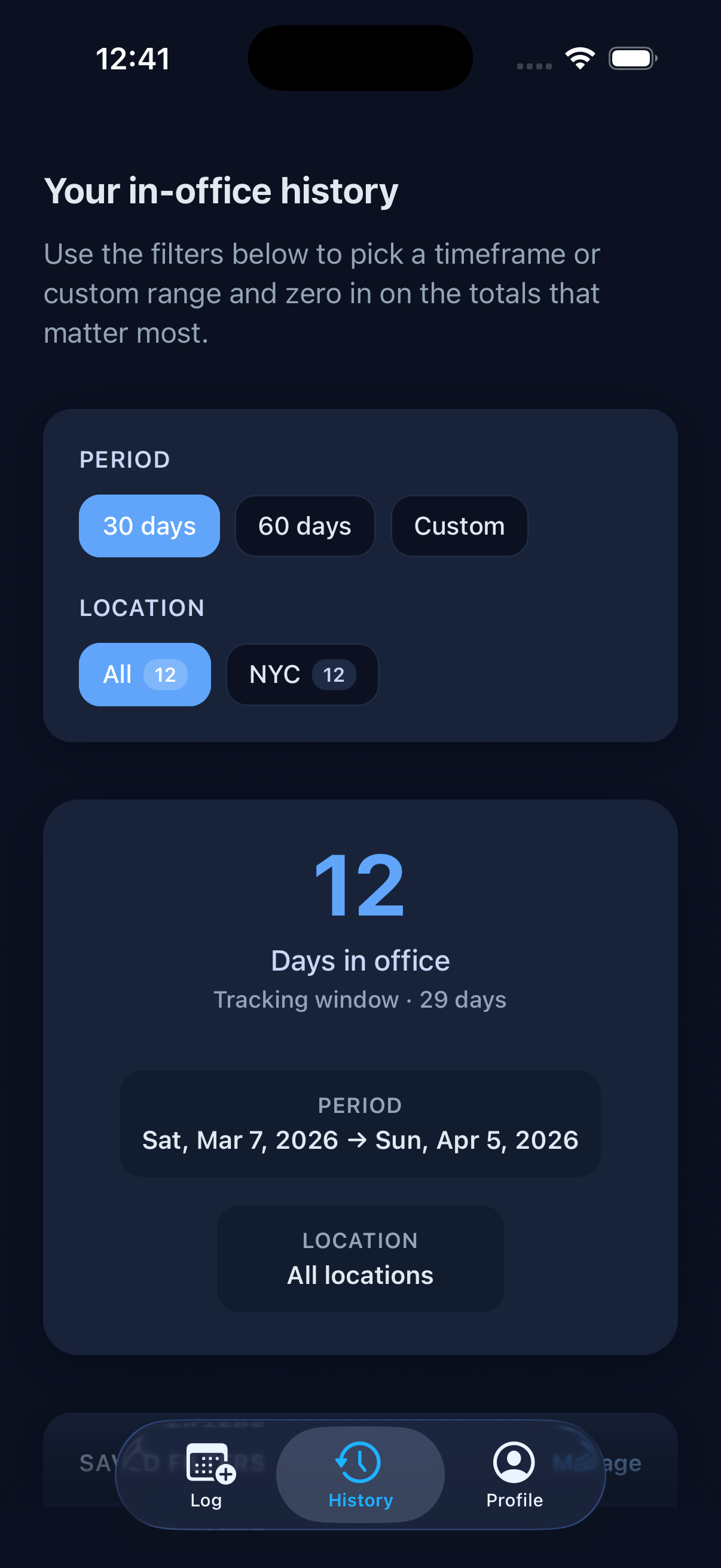 InDays History tab showing 12 days in office over 30 days