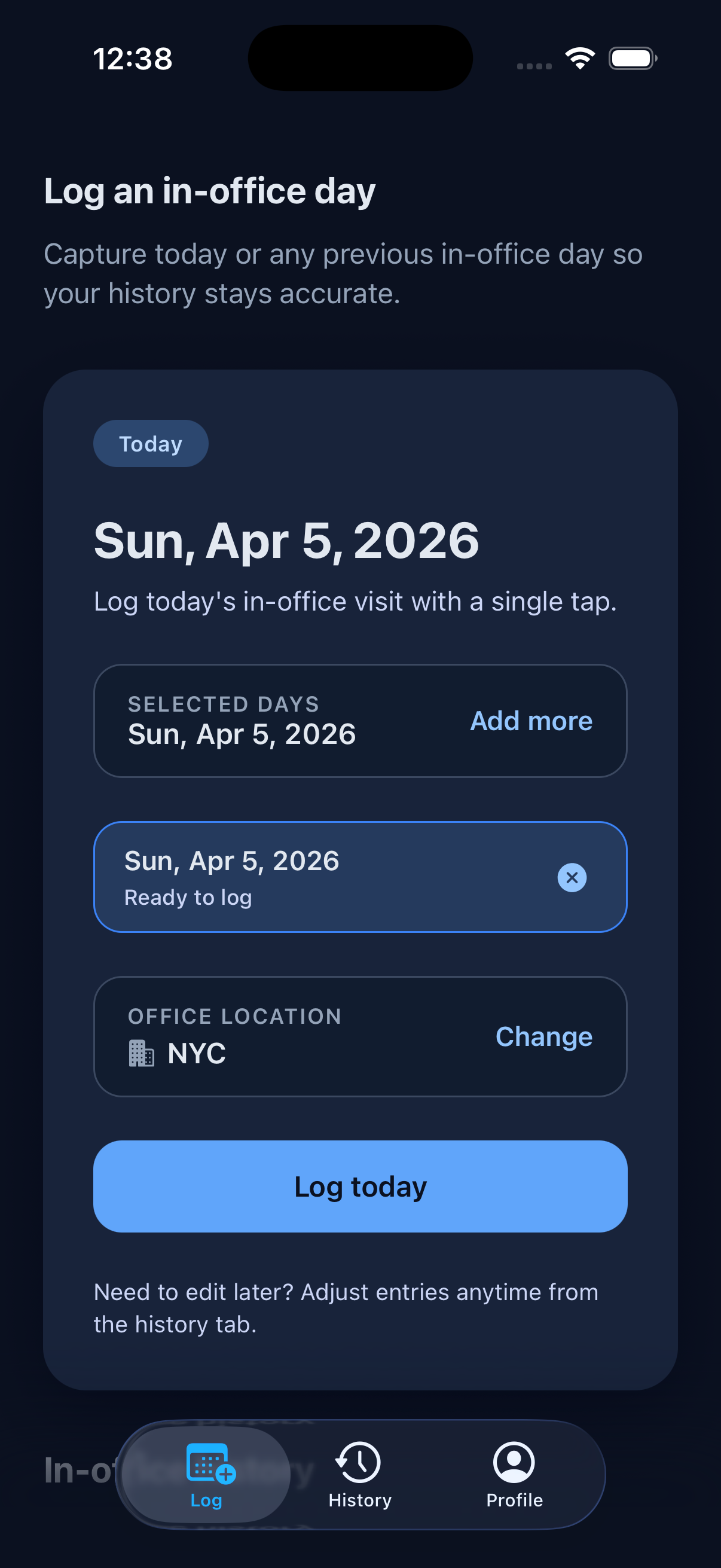 InDays Log tab showing calendar and Log Today button