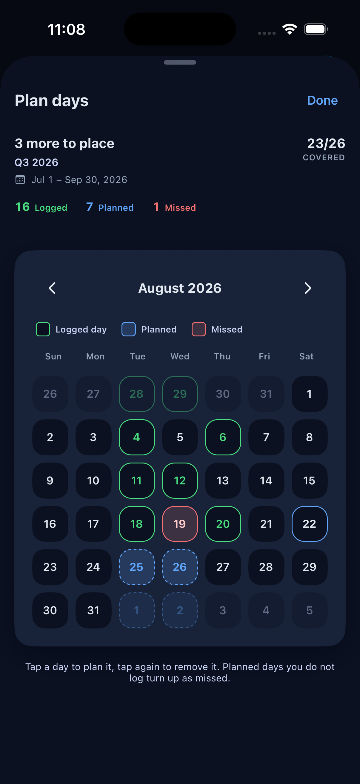 InDays planner showing 3 more days to place, with logged, planned, and missed days on an August calendar