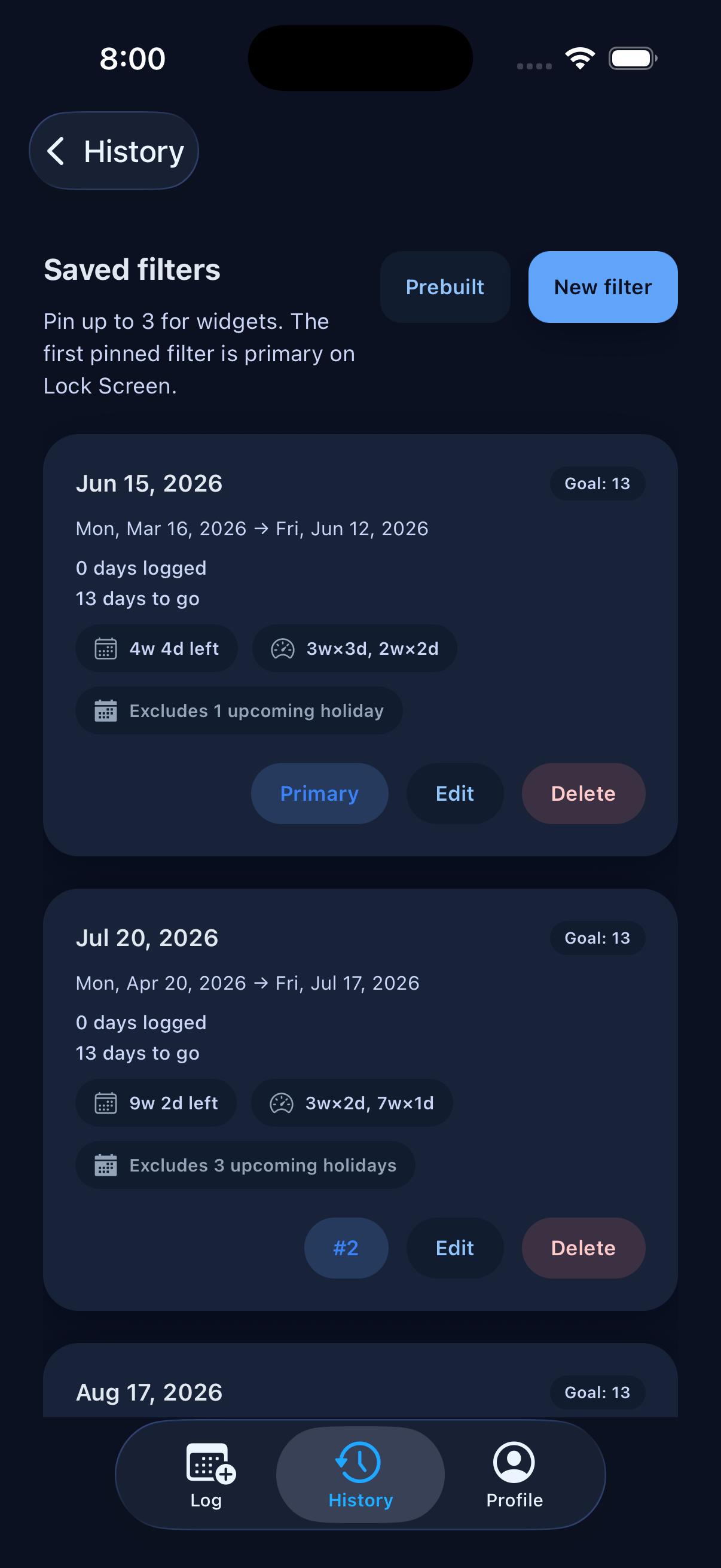Saved filters screen showing pinned primary and second widget filters