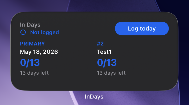 InDays medium widget showing two pinned filter progress columns and Log today button