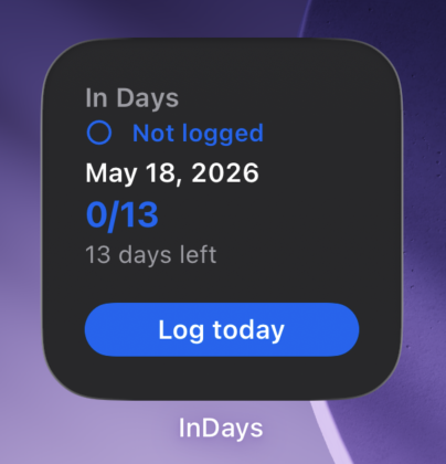 InDays small widget showing primary filter progress and Log today button